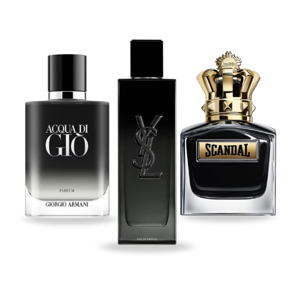 Coffret Âme Indomptable – MYSLF de Yves Saint Laurent, Scandal Le Parfum de Jean Paul Gaultier et Acqua di Giò Parfum de Giorgio Armani [100 ml]