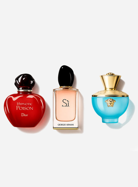 Coffret de 3 parfums Dior HYPNOTIC POISON, Giorgio Armani SÌ et Versace DYLAN TURQUOISE 100 ml